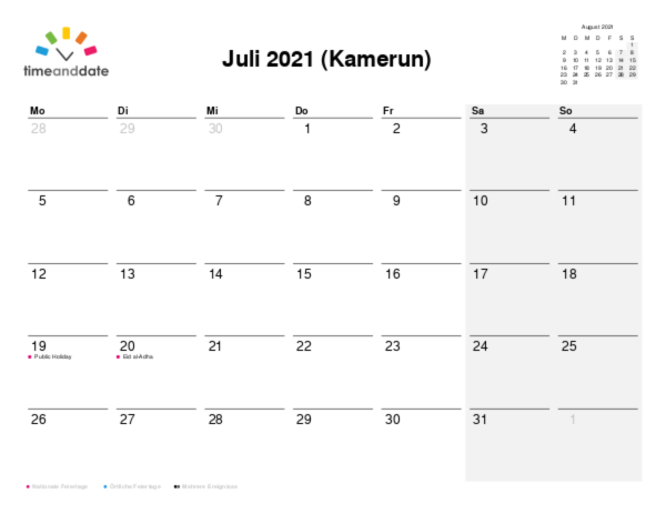 Kalender für 2021 in Kamerun