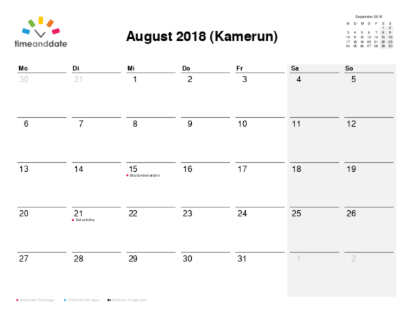 Kalender für 2018 in Kamerun
