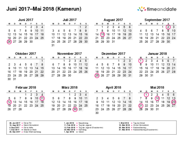 Kalender für 2017 in Kamerun
