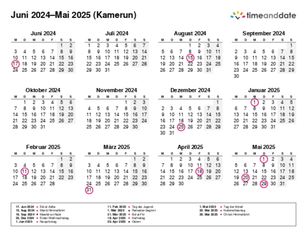 Kalender für 2024 in Kamerun