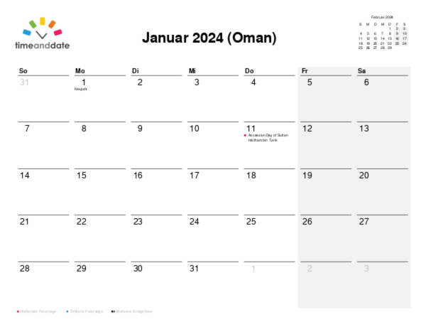 Kalender für 2024 in Oman