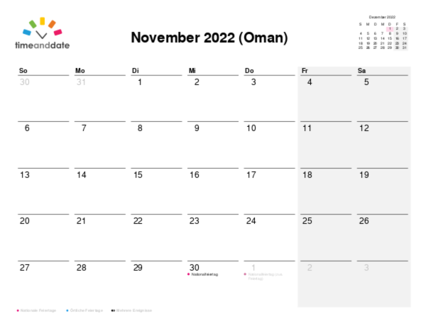 Kalender für 2022 in Oman