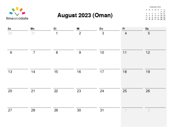 Kalender für 2023 in Oman