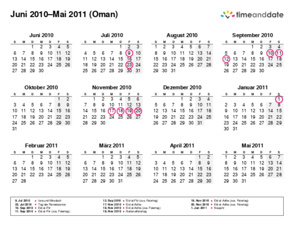 Kalender für 2010 in Oman