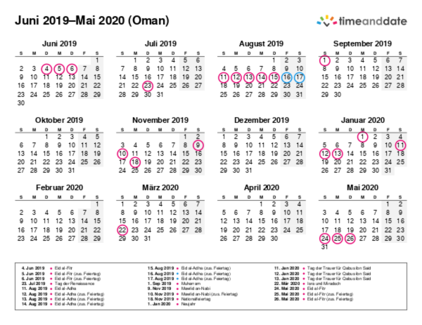 Kalender für 2019 in Oman