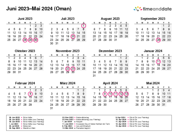 Kalender für 2023 in Oman