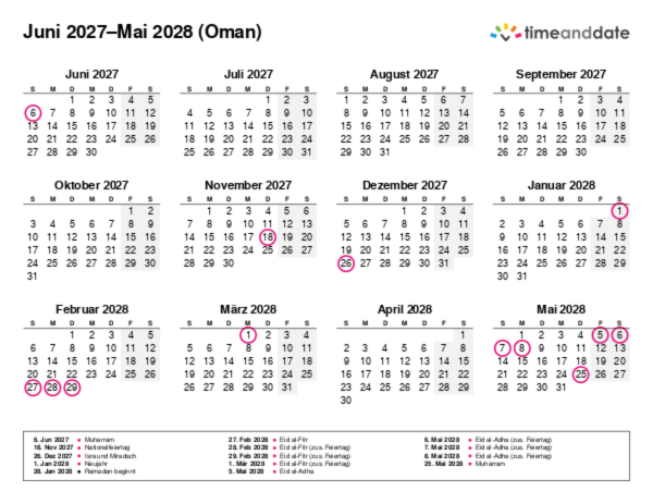 Kalender für 2027 in Oman