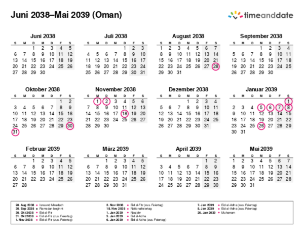 Kalender für 2038 in Oman