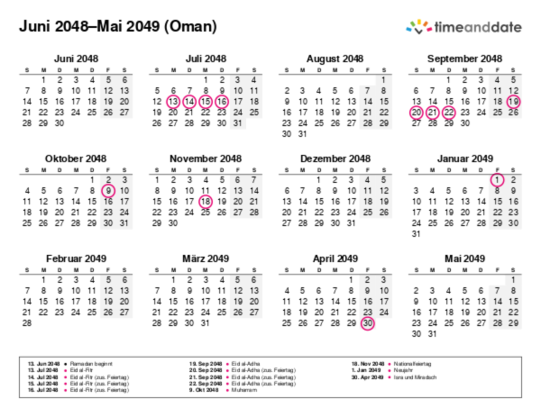 Kalender für 2048 in Oman