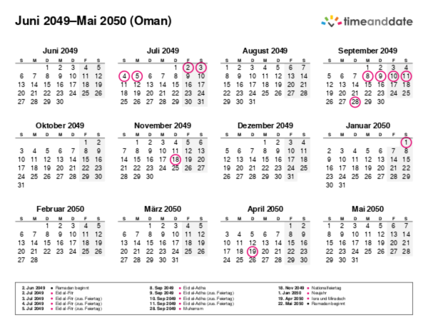 Kalender für 2049 in Oman