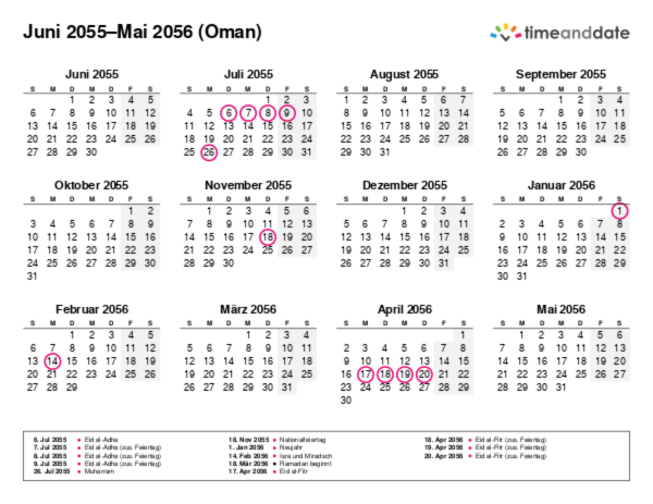Kalender für 2055 in Oman