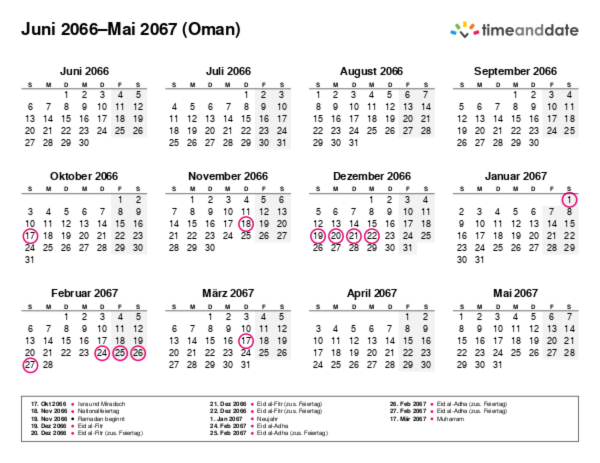 Kalender für 2066 in Oman