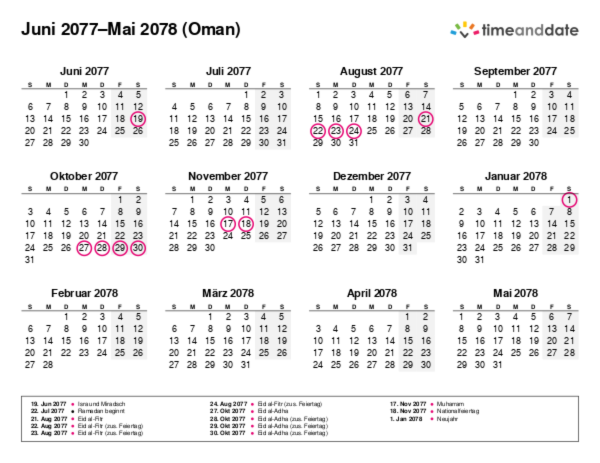 Kalender für 2077 in Oman