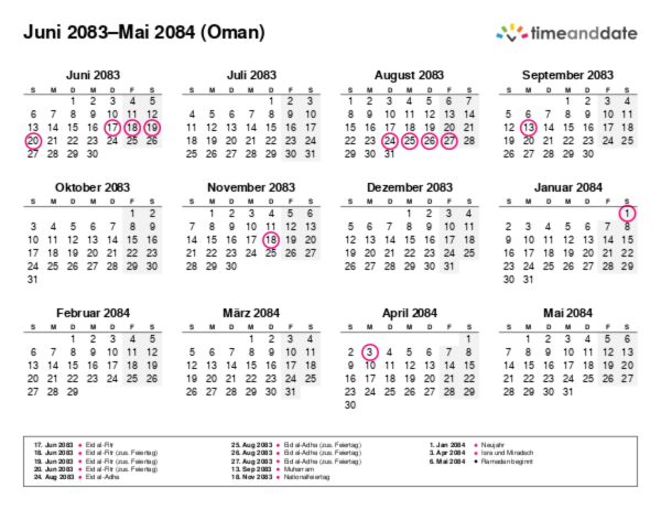 Kalender für 2083 in Oman