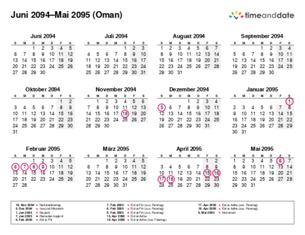Kalender für 2094 in Oman