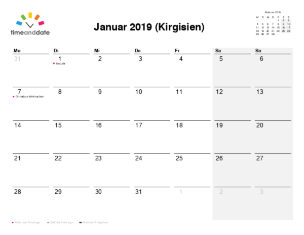 Kalender für 2019 in Kirgisien