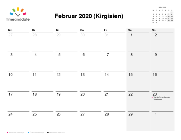 Kalender für 2020 in Kirgisien