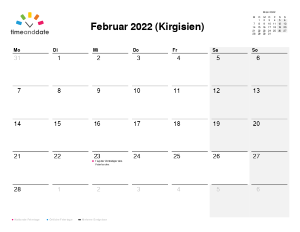 Kalender für 2022 in Kirgisien