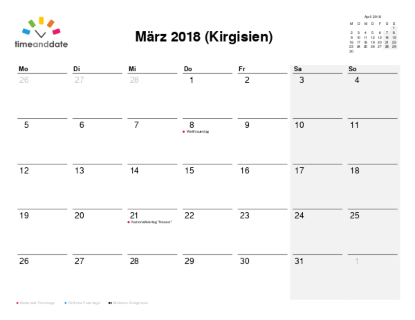 Kalender für 2018 in Kirgisien