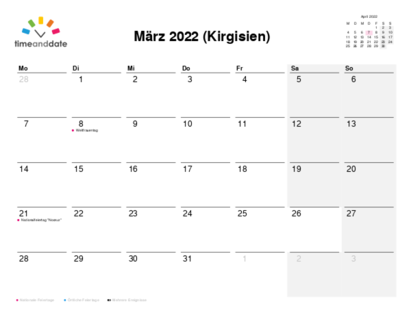 Kalender für 2022 in Kirgisien