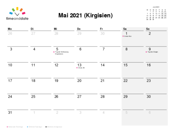 Kalender für 2021 in Kirgisien