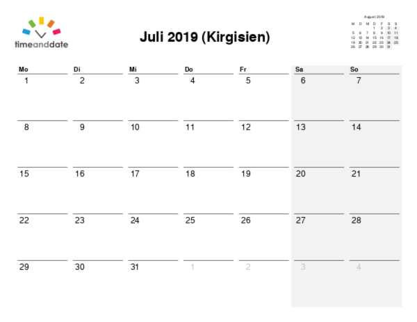 Kalender für 2019 in Kirgisien
