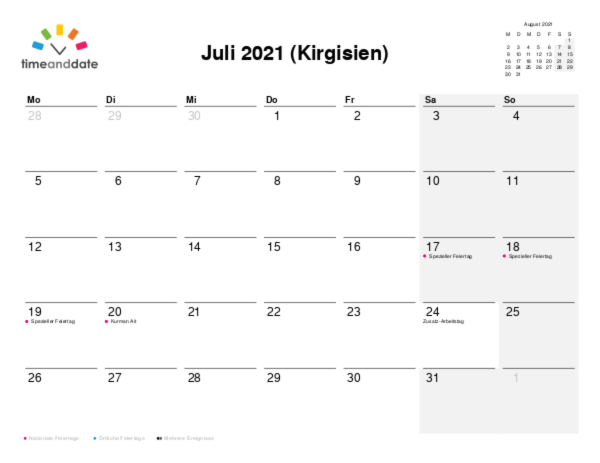 Kalender für 2021 in Kirgisien
