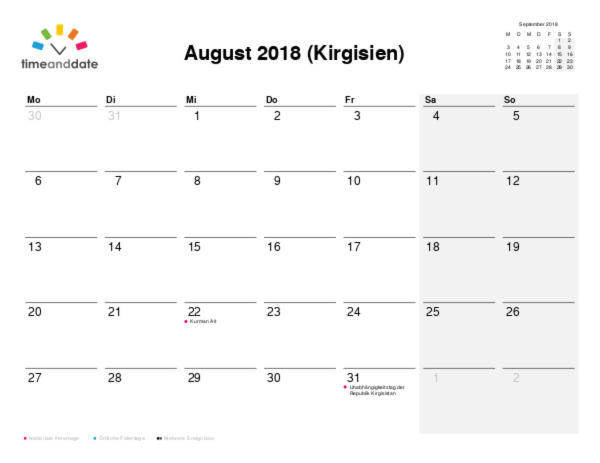 Kalender für 2018 in Kirgisien