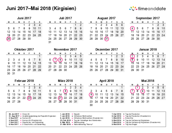 Kalender für 2017 in Kirgisien