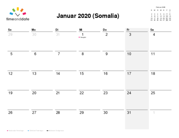 Kalender für 2020 in Somalia
