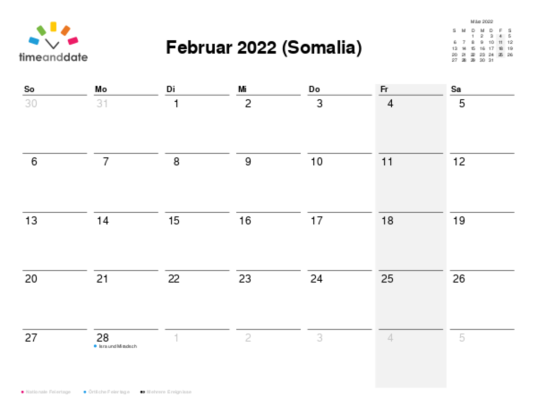Kalender für 2022 in Somalia