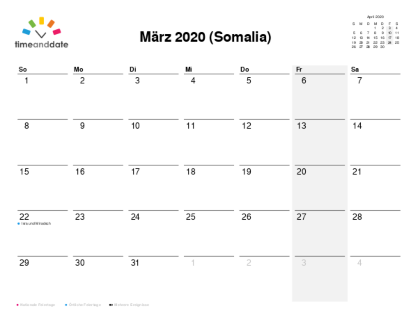 Kalender für 2020 in Somalia