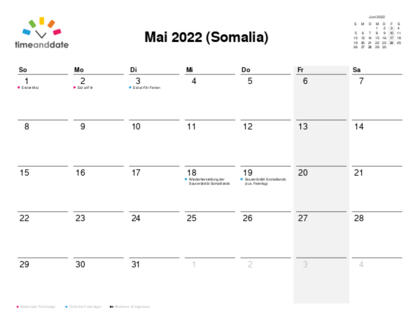 Kalender für 2022 in Somalia