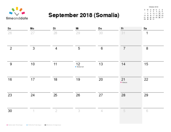 Kalender für 2018 in Somalia