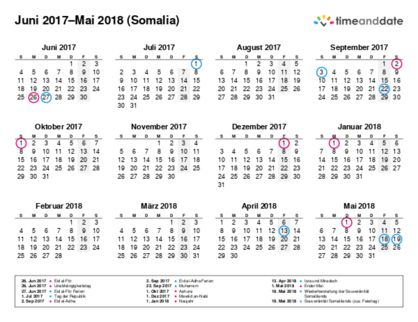 Kalender für 2017 in Somalia