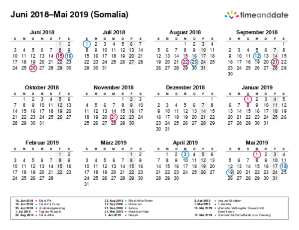 Kalender für 2018 in Somalia