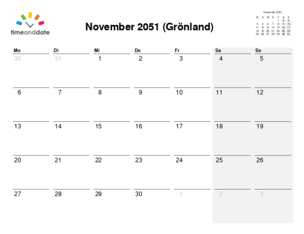 Kalender für 2051 in Grönland