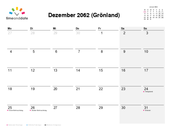 Kalender für 2062 in Grönland