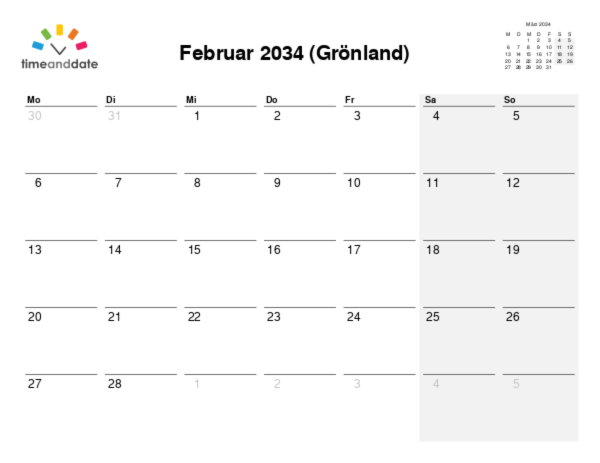 Kalender für 2034 in Grönland