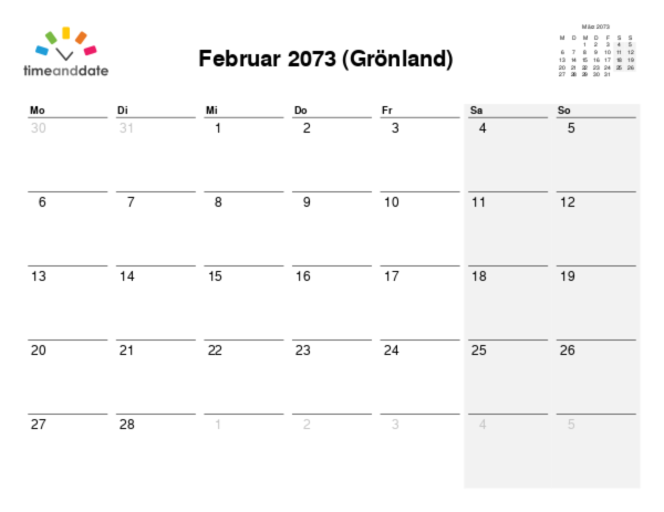 Kalender für 2073 in Grönland