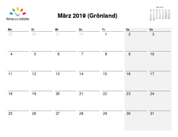Kalender für 2019 in Grönland