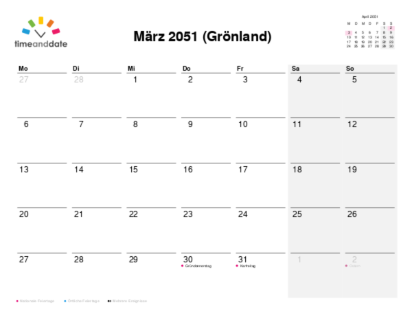 Kalender für 2051 in Grönland
