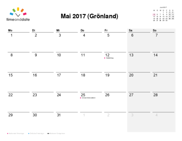 Kalender für 2017 in Grönland