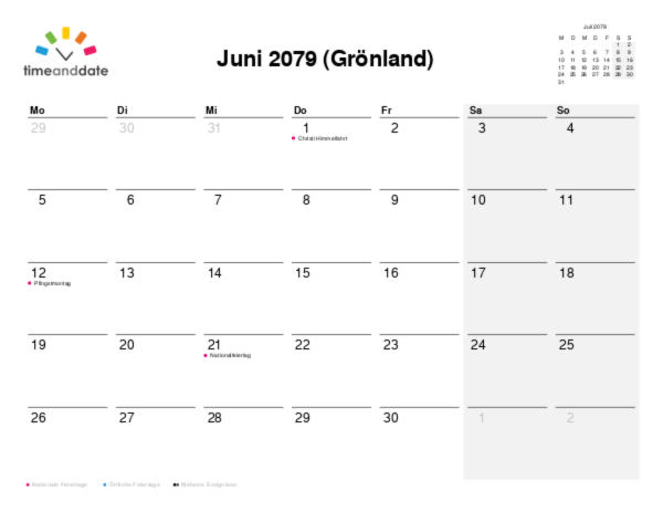 Kalender für 2079 in Grönland