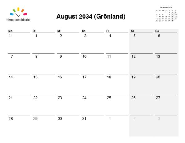 Kalender für 2034 in Grönland