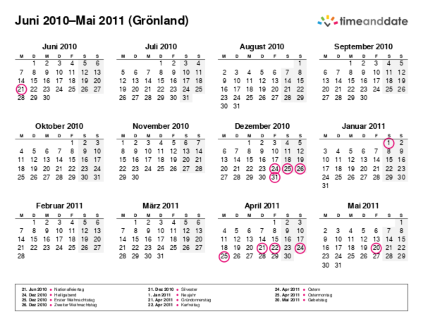 Kalender für 2010 in Grönland