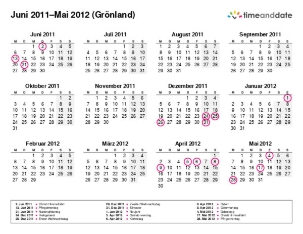Kalender für 2011 in Grönland