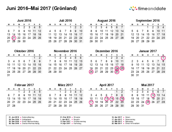 Kalender für 2016 in Grönland