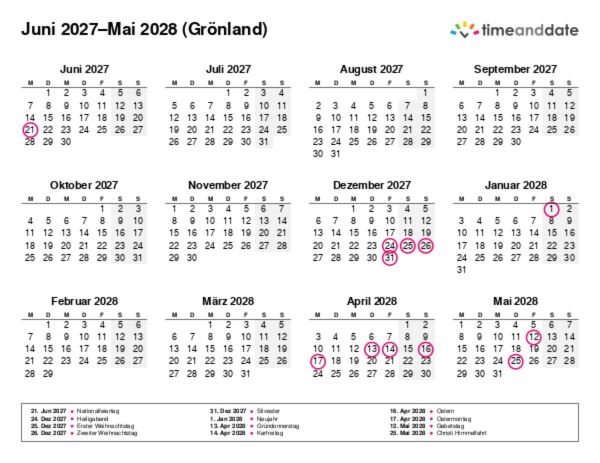 Kalender für 2027 in Grönland