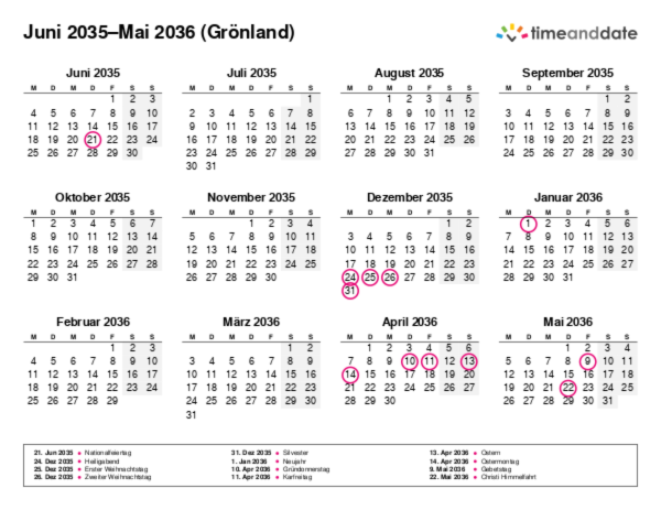 Kalender für 2035 in Grönland